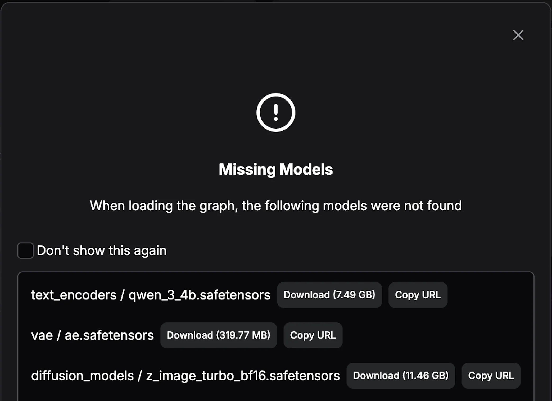 "Missing nodes" modal listing required custom nodes and Copy URL buttons