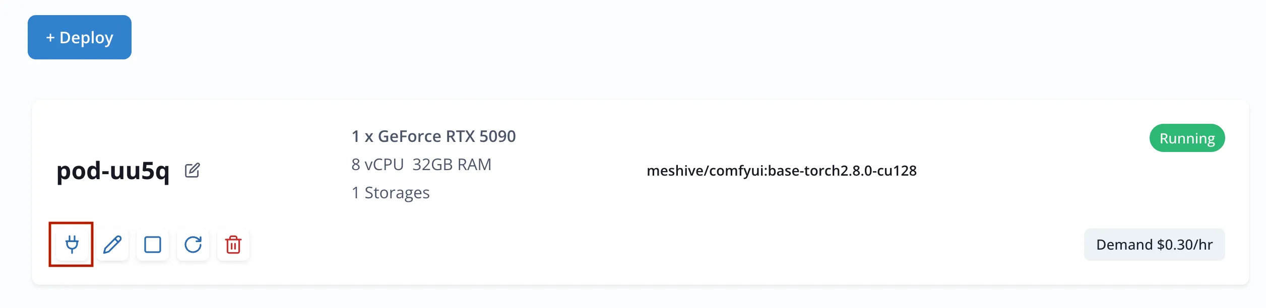 "Connect" button revealing the ComfyUI GUI URL